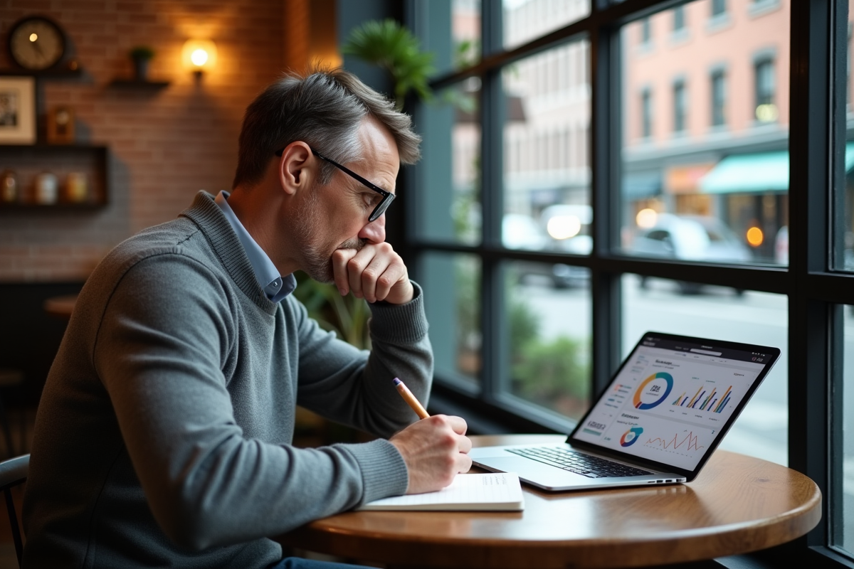 Homme travaillant dans un café avec un tableau SEO et un carnet