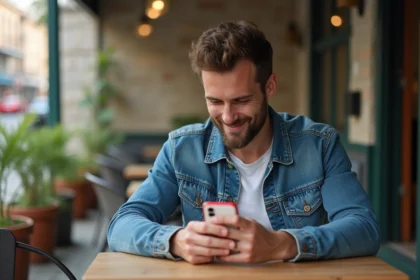 Homme décontracté utilisant son téléphone portable en terrasse