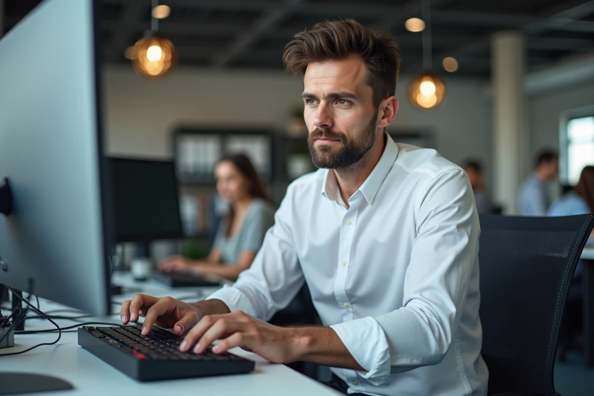Homme en bureau examinant les touches d'un clavier mécanique pour trouver une alternative à la touche Majuscule