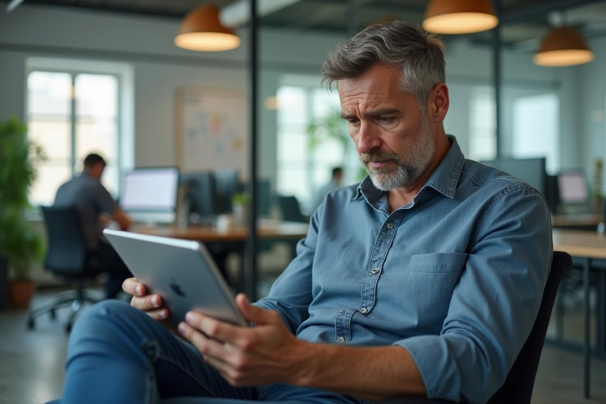 Homme en coworking vérifiant une checklist de migration site