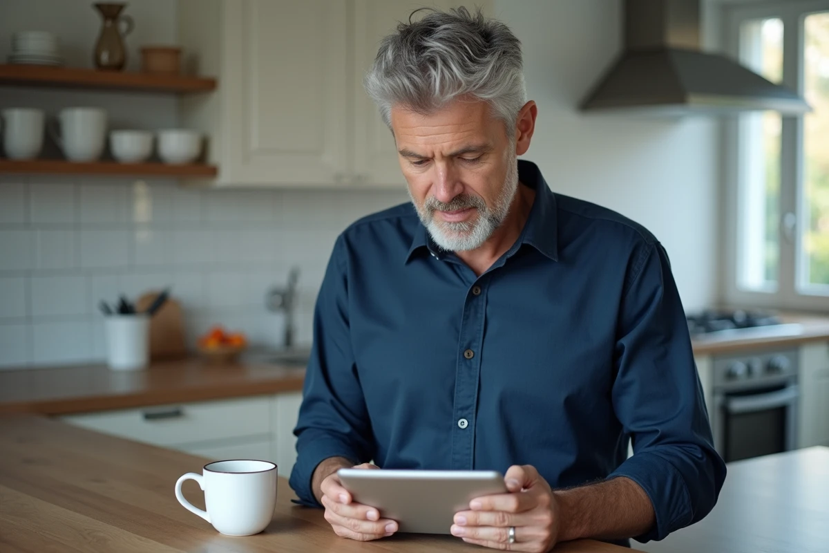 Homme créant son compte Réglo Mobile sur tablette dans une cuisine moderne