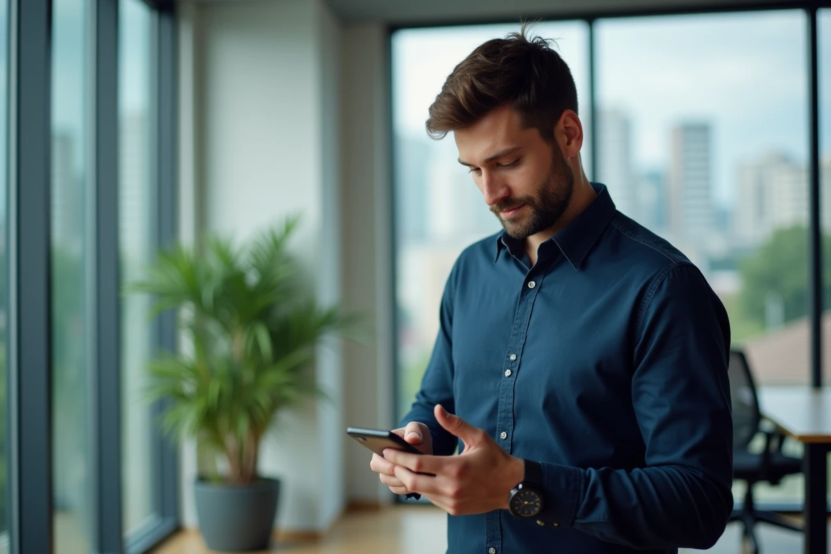 Homme configurant un compte email universitaire sur son téléphone Android dans un bureau moderne