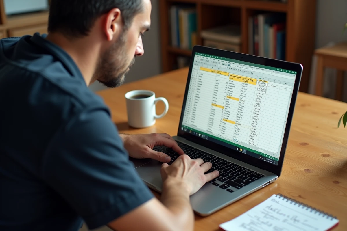 Homme travaillant sur Excel depuis son domicile pour inverser les colonnes et lignes d'un fichier importé