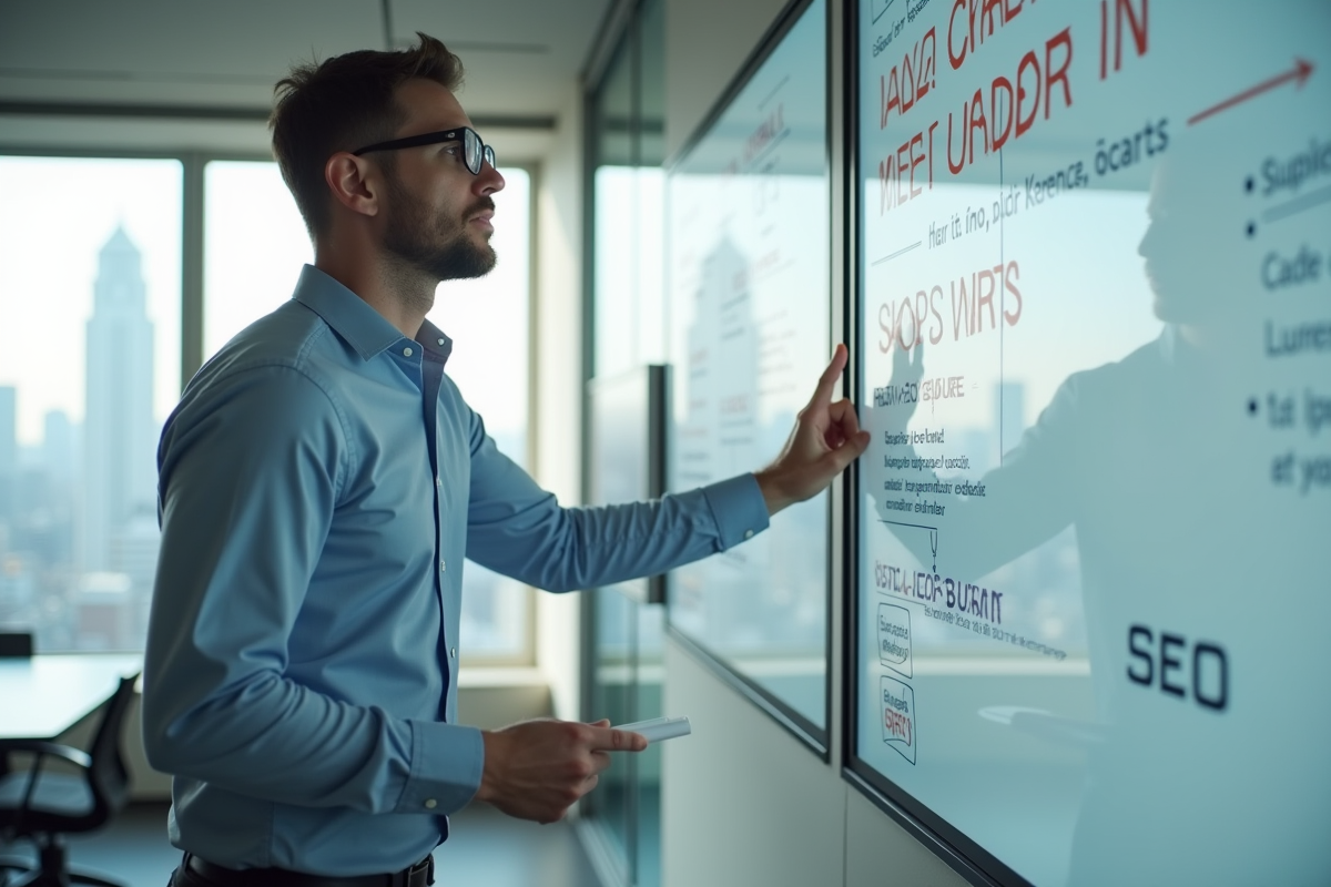 Homme en réunion avec tableau de strategie SEO