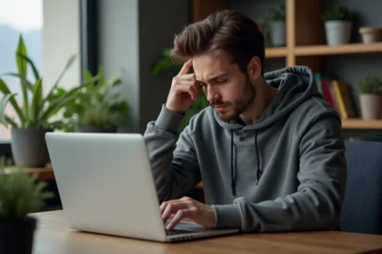 Jeune homme frustré devant son ordinateur dans un bureau