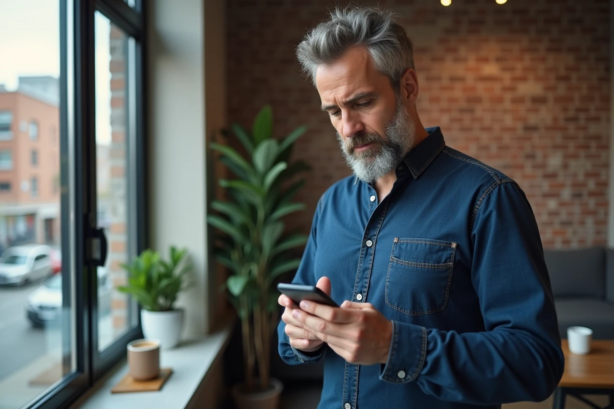 Homme gérant ses paramètres d'activité Google depuis son smartphone Android dans un appartement urbain