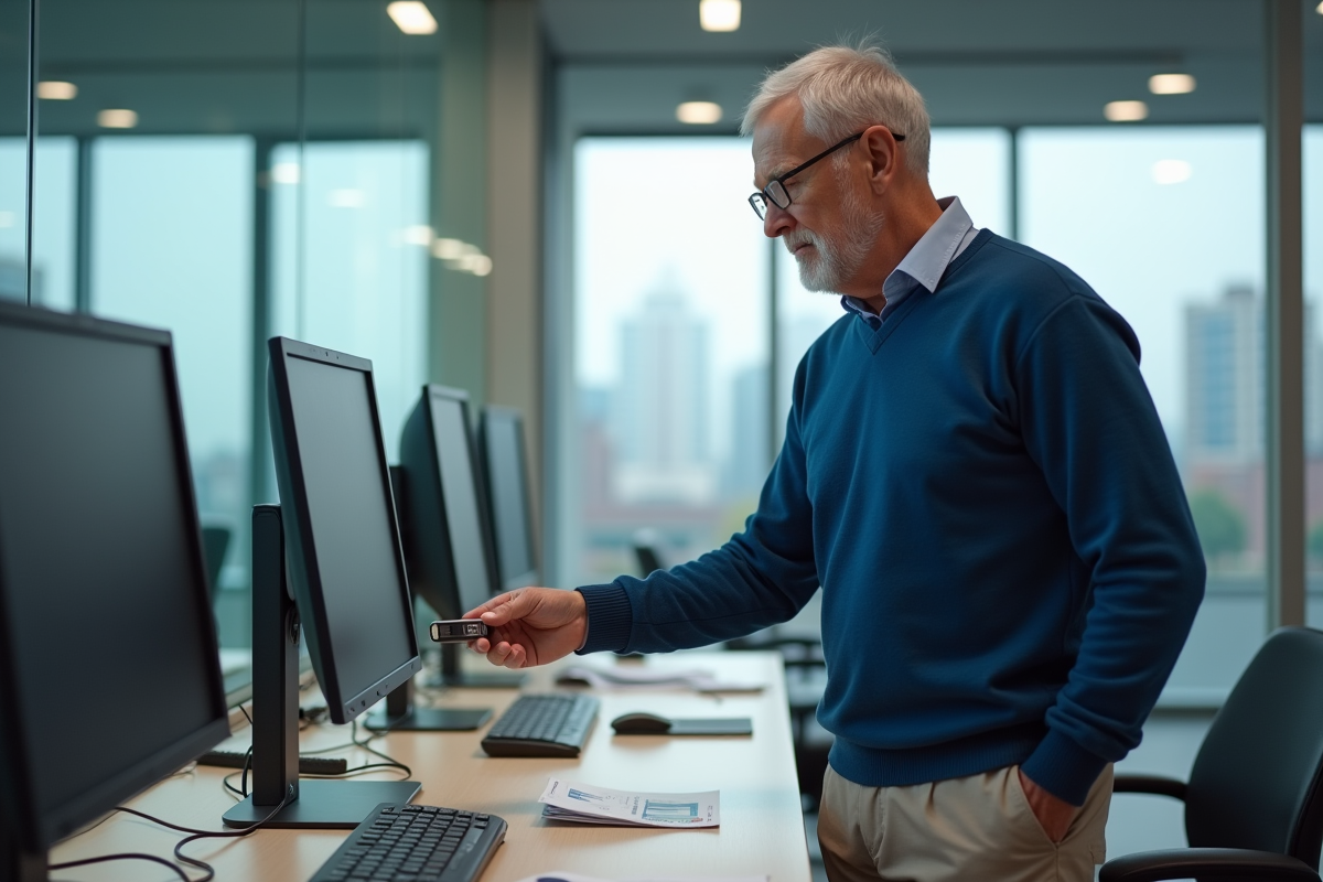 Homme insérant une clé USB dans un ordinateur au bureau