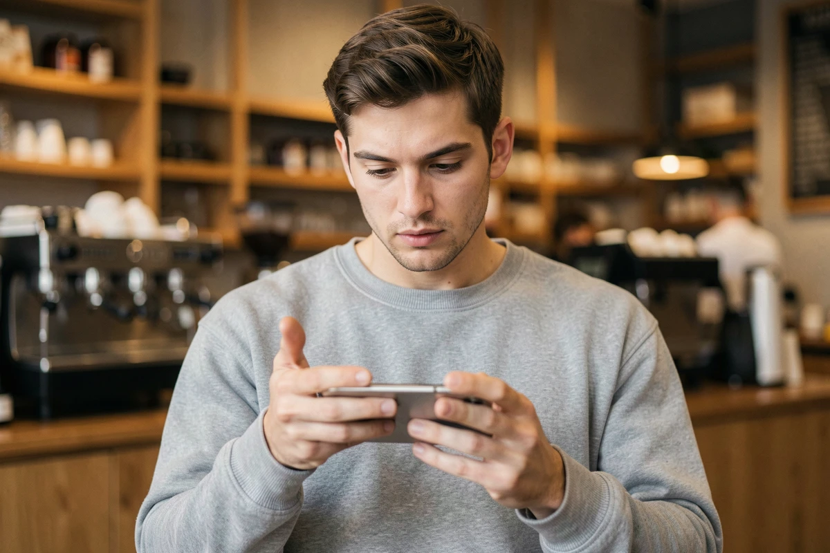 Homme tenant un iPhone SE compact et examinant ses caractéristiques techniques dans un café moderne
