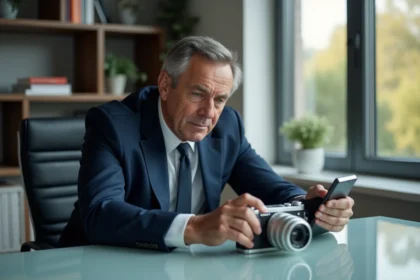 Homme d'affaires examine une caméra Sony Rexon 2026 dans un bureau moderne