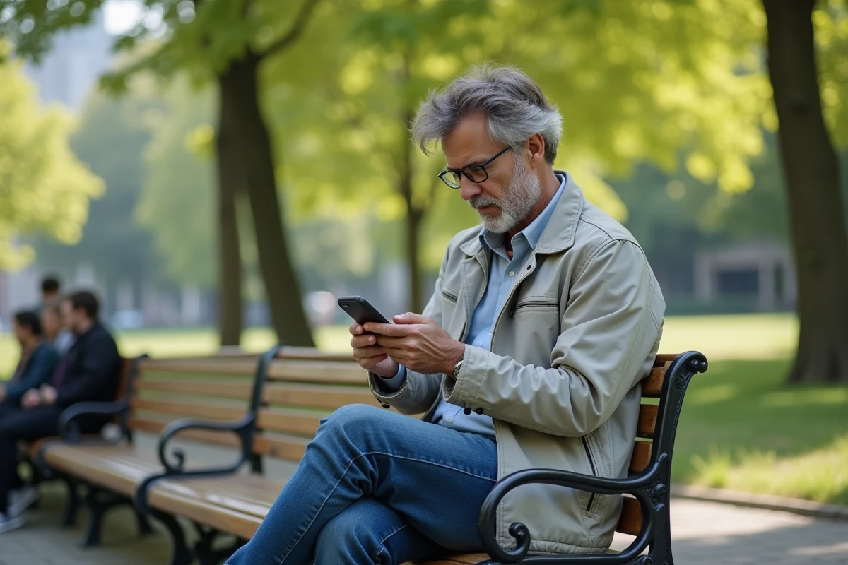 Homme vérifie des offres sur son smartphone dans le parc