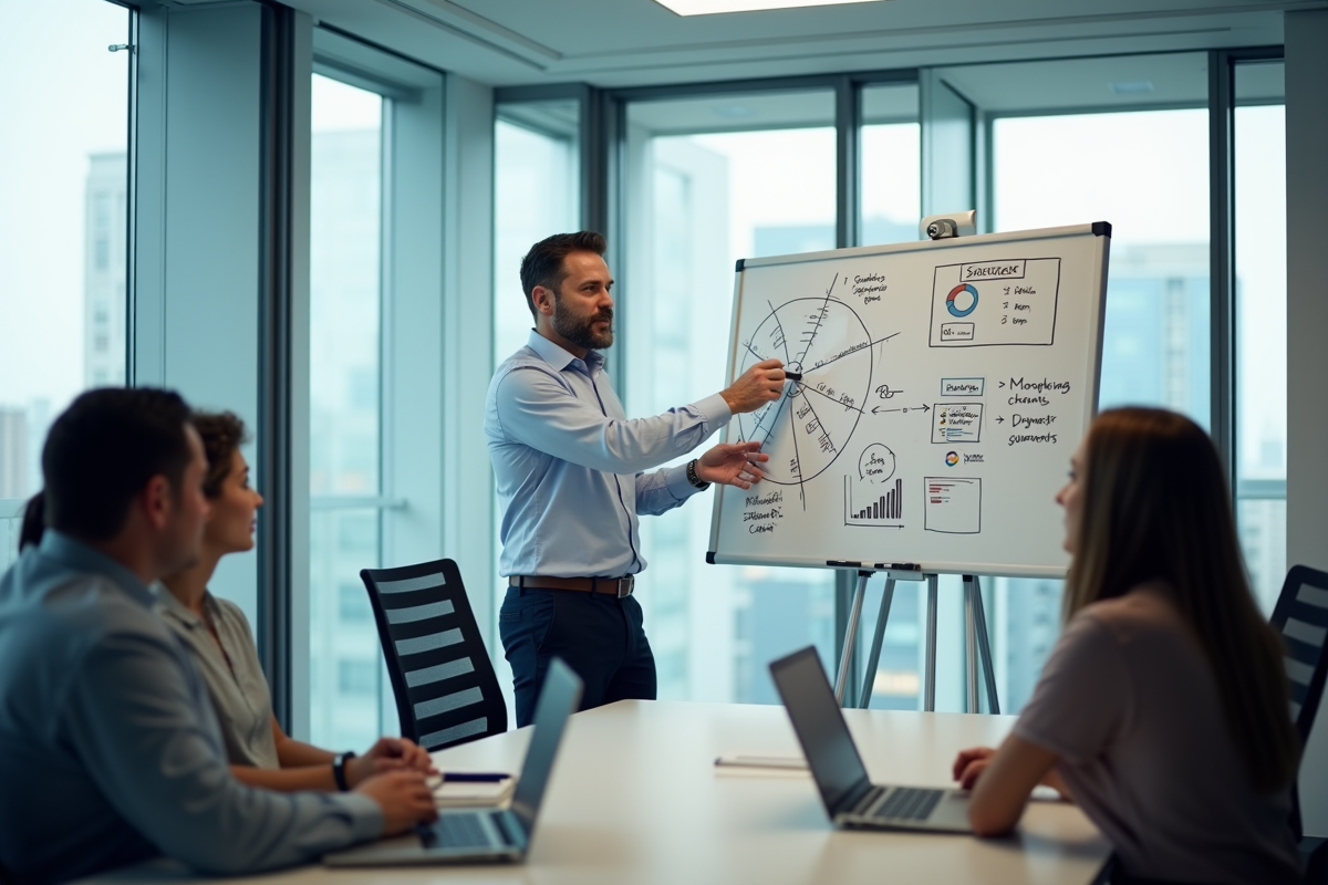 Homme en réunion expliquant des diagrammes SEO sur whiteboard