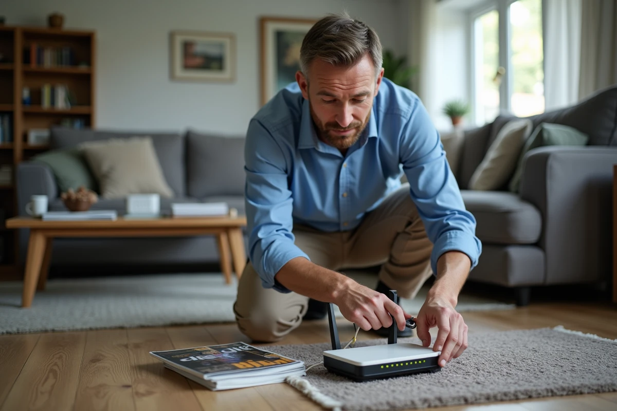 Homme reconnectant un câble de routeur WiFi à la maison