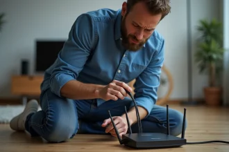 Homme en bleu vérifiant un routeur Freebox avec erreur