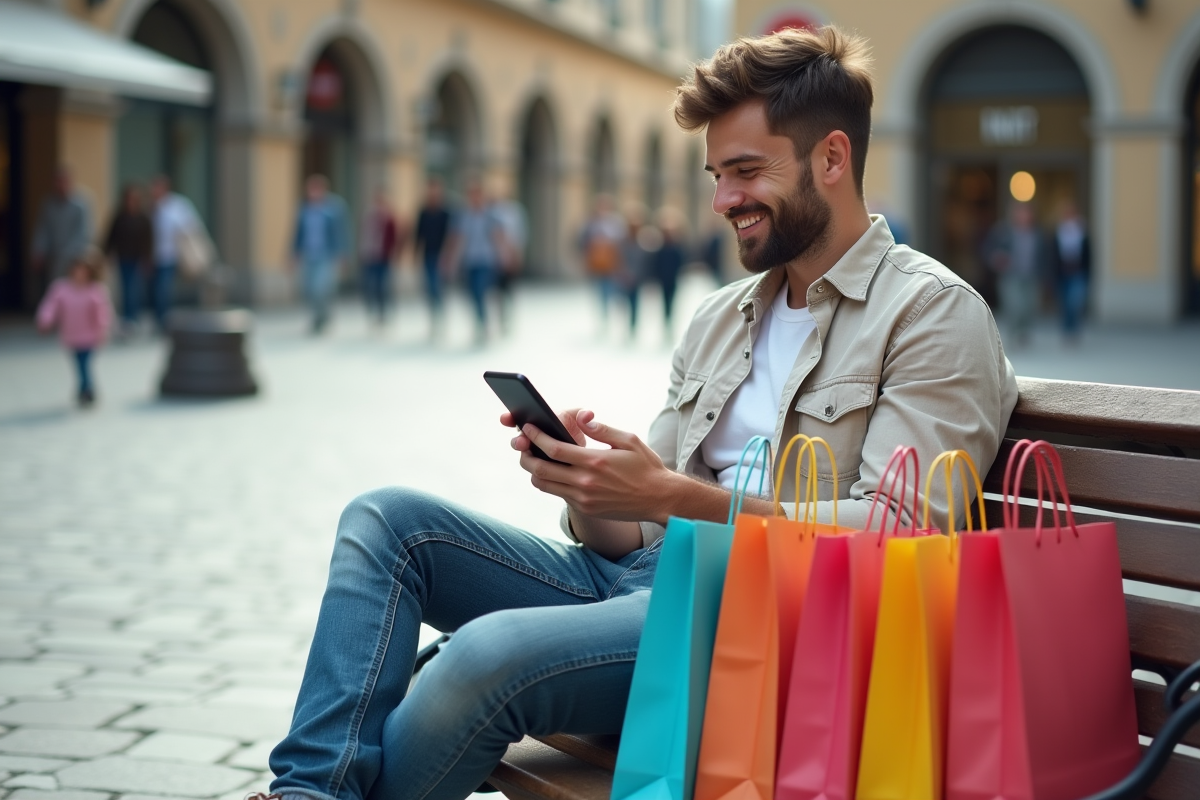 Jeune homme souriant avec sacs de shopping en ville