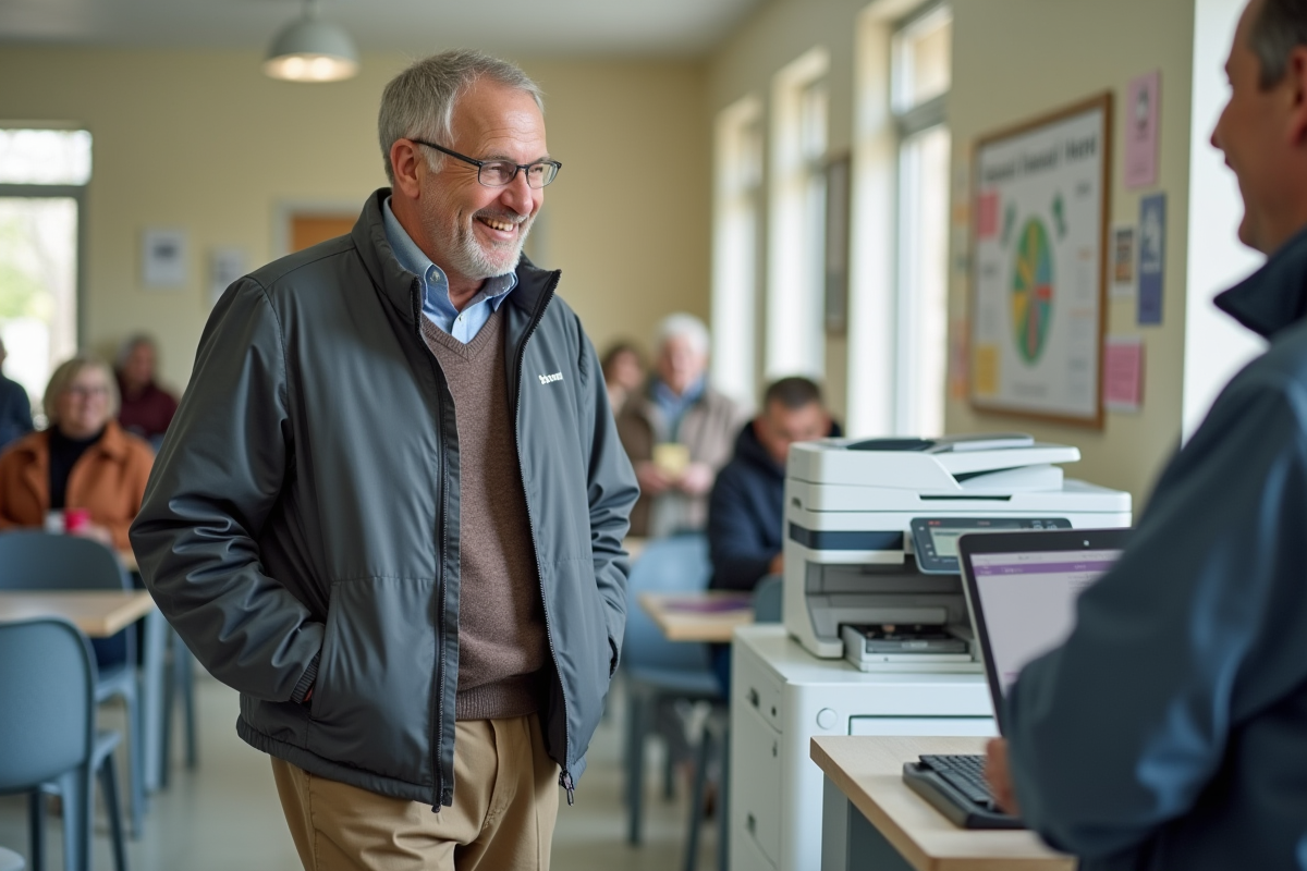 Homme souriant utilisant une imprimante dans un centre communautaire
