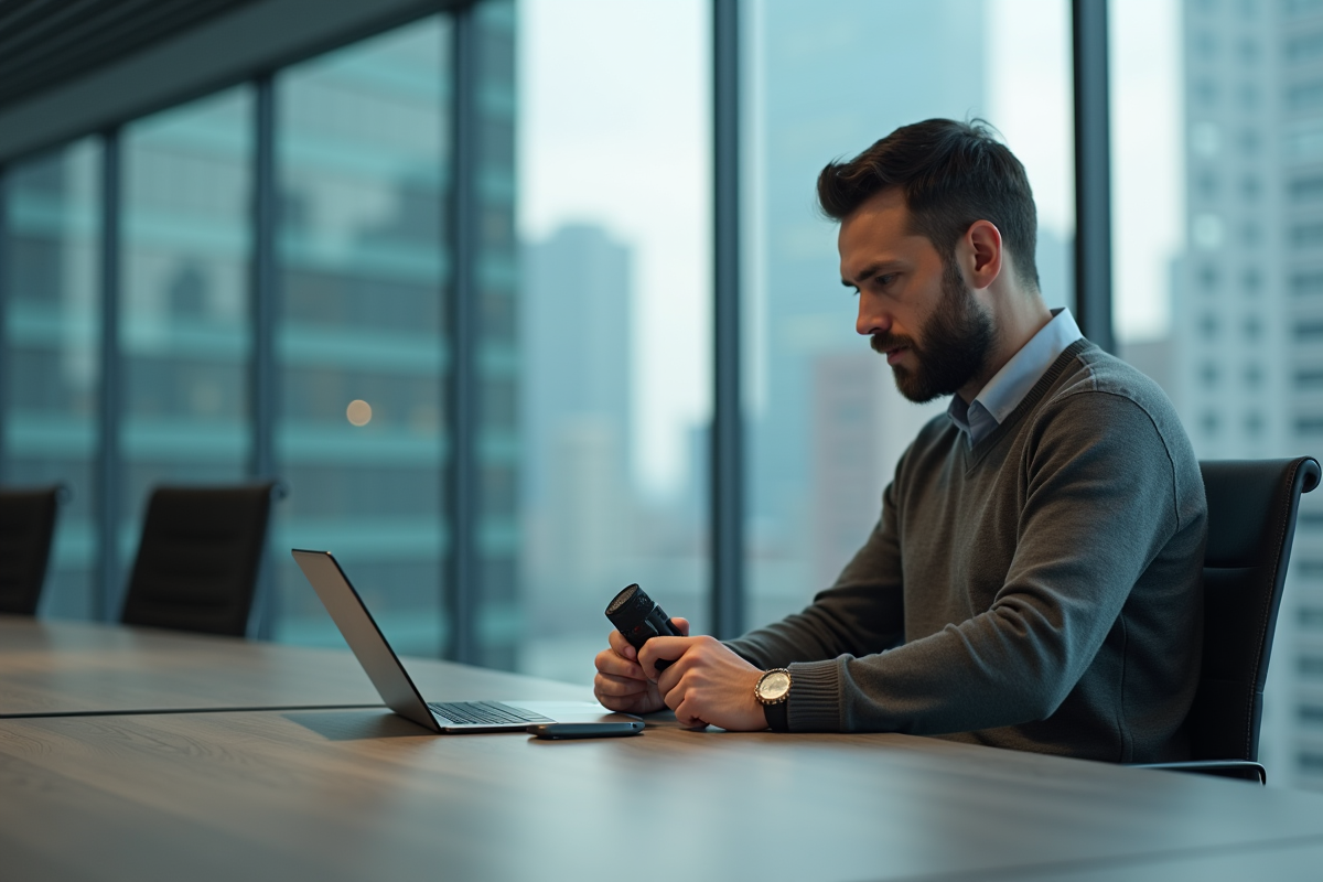 Homme en réunion avec enregistreur et tablette pour transcription