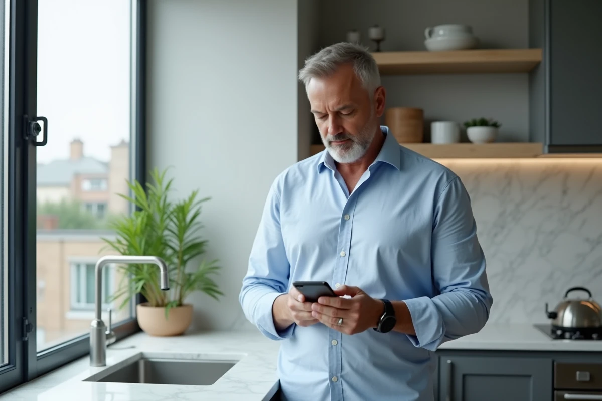 Homme vérifiant la force du signal WiFi dans la cuisine