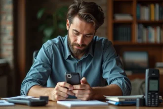 Homme examinant un téléphone Sony Ericsson vintage avec nostalgie