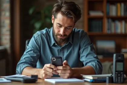 Homme examinant un téléphone Sony Ericsson vintage avec nostalgie