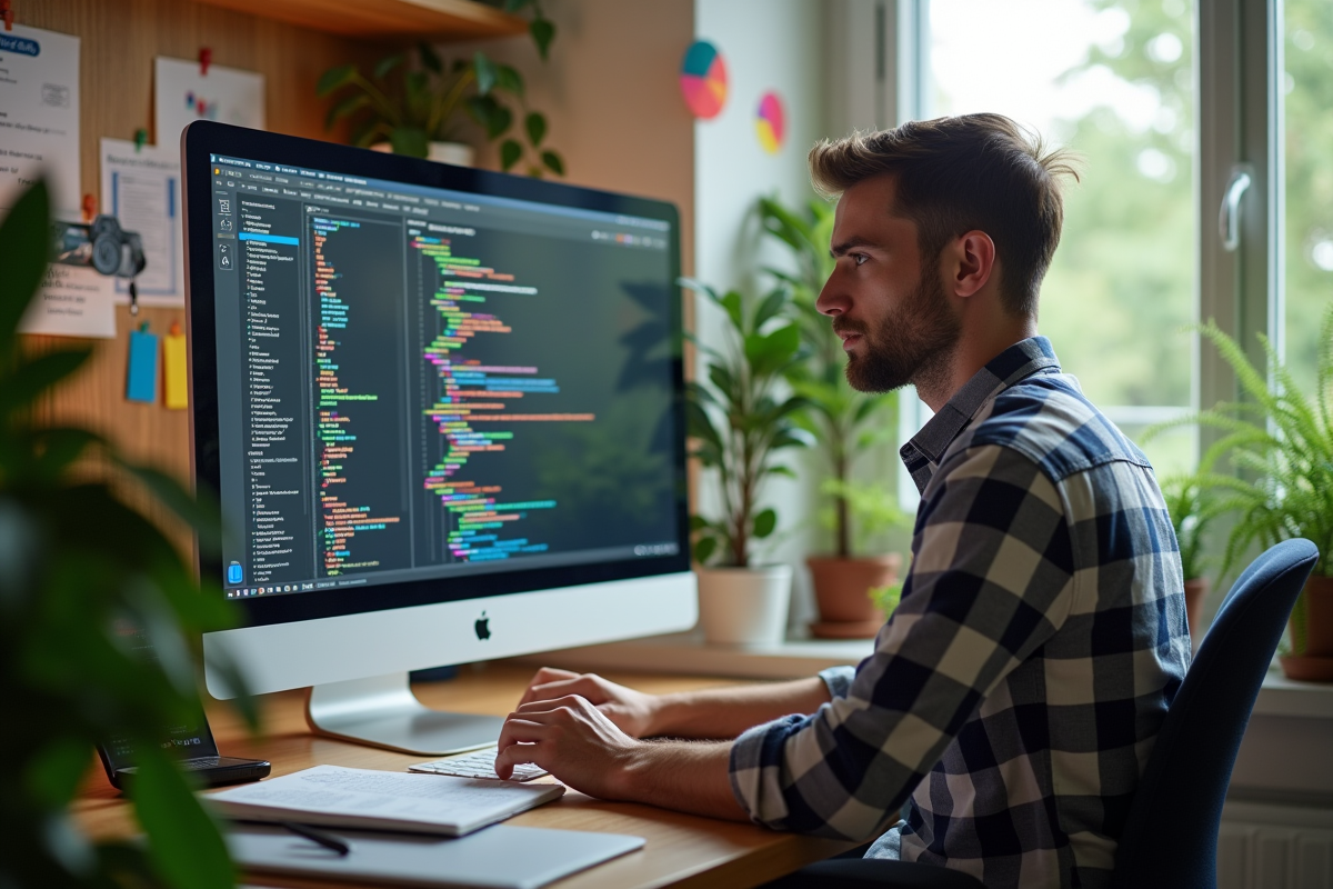 Webdesigner analysant un écran de code CSS dans un bureau lumineux