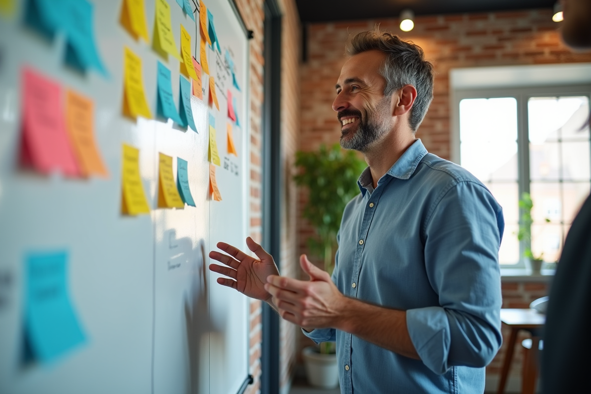 Homme expliquant des stratégies de tags devant un whiteboard