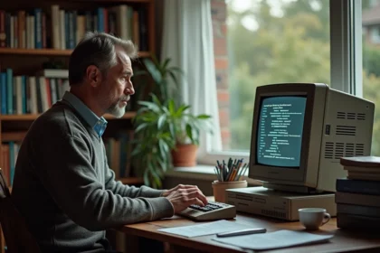 Homme informaticien en sweater devant un vieux PC et code
