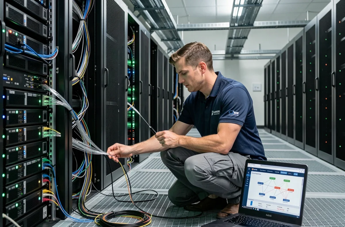 Technicien infogérance d'Innosys câblant des serveurs dans une salle de datacenter parisienne avec supervision réseau sur écran