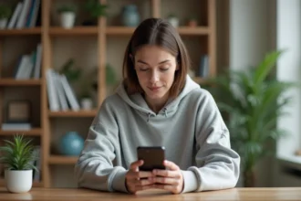 Jeune femme consultant Instagram de façon anonyme sur son smartphone depuis un bureau minimaliste à domicile