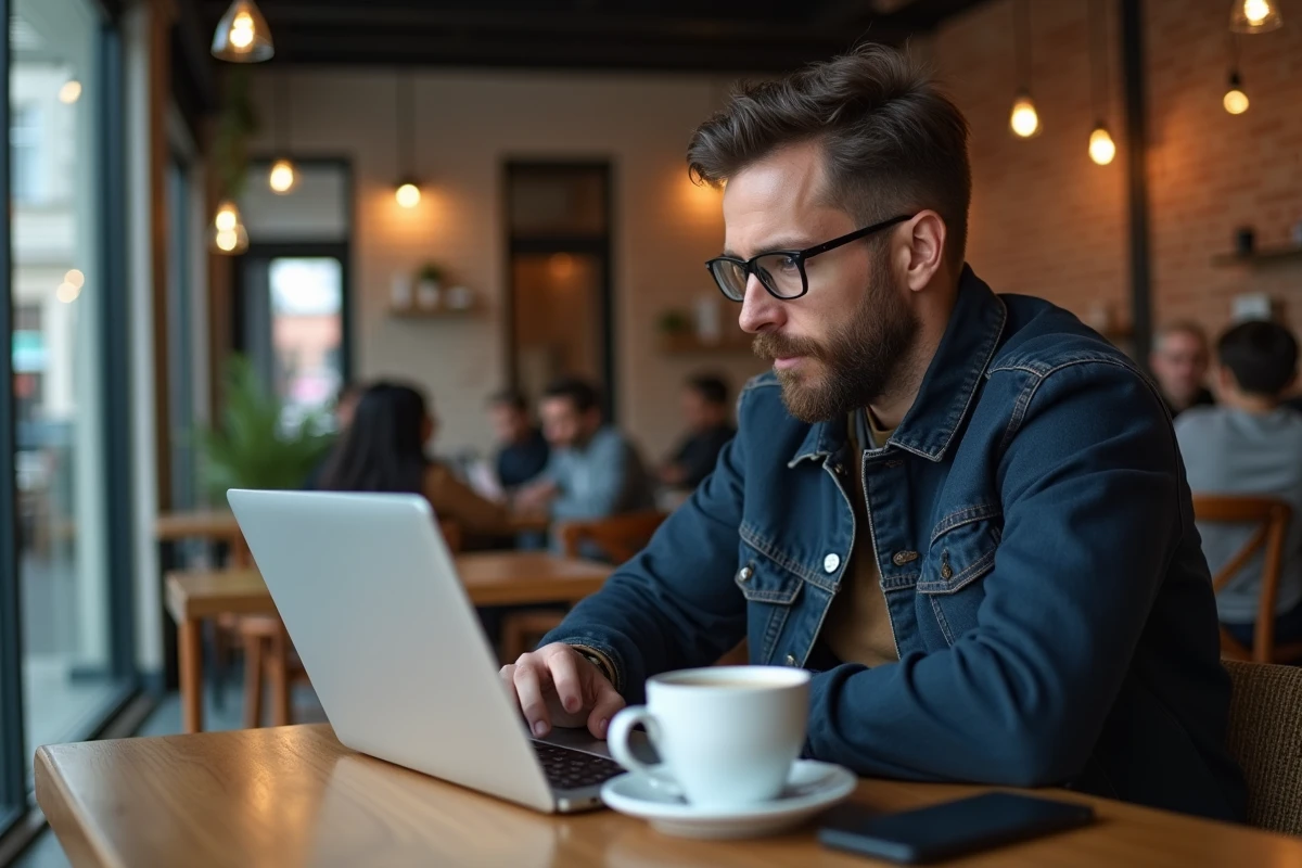 Homme utilisant Instagram en mode anonyme sur ordinateur portable dans un café urbain discret