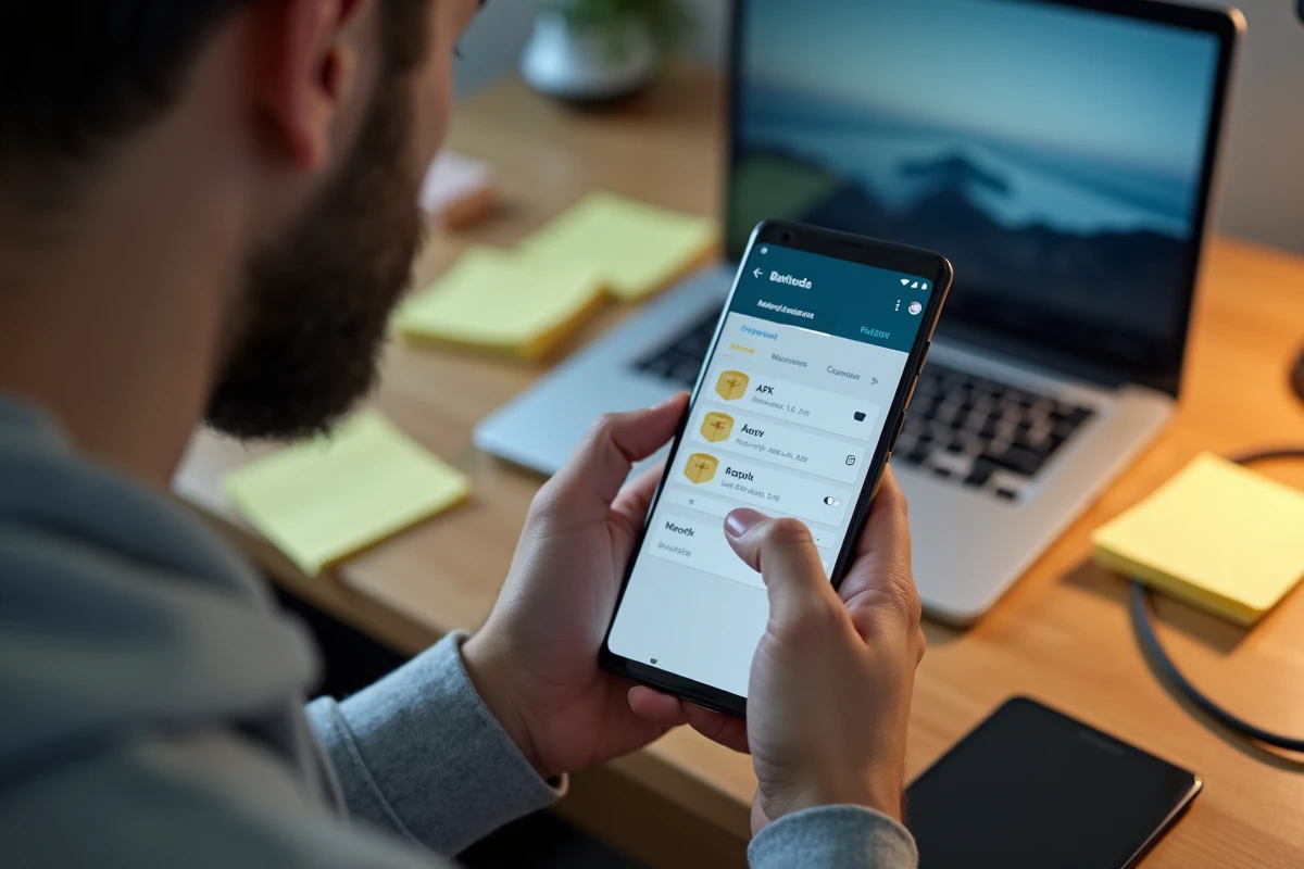 Homme installant une application Android via un fichier APK hors ligne sur son smartphone