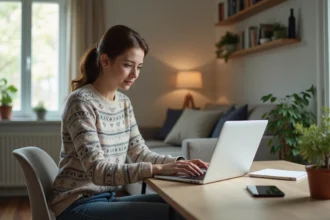 Femme installant une box internet dans un salon lumineux