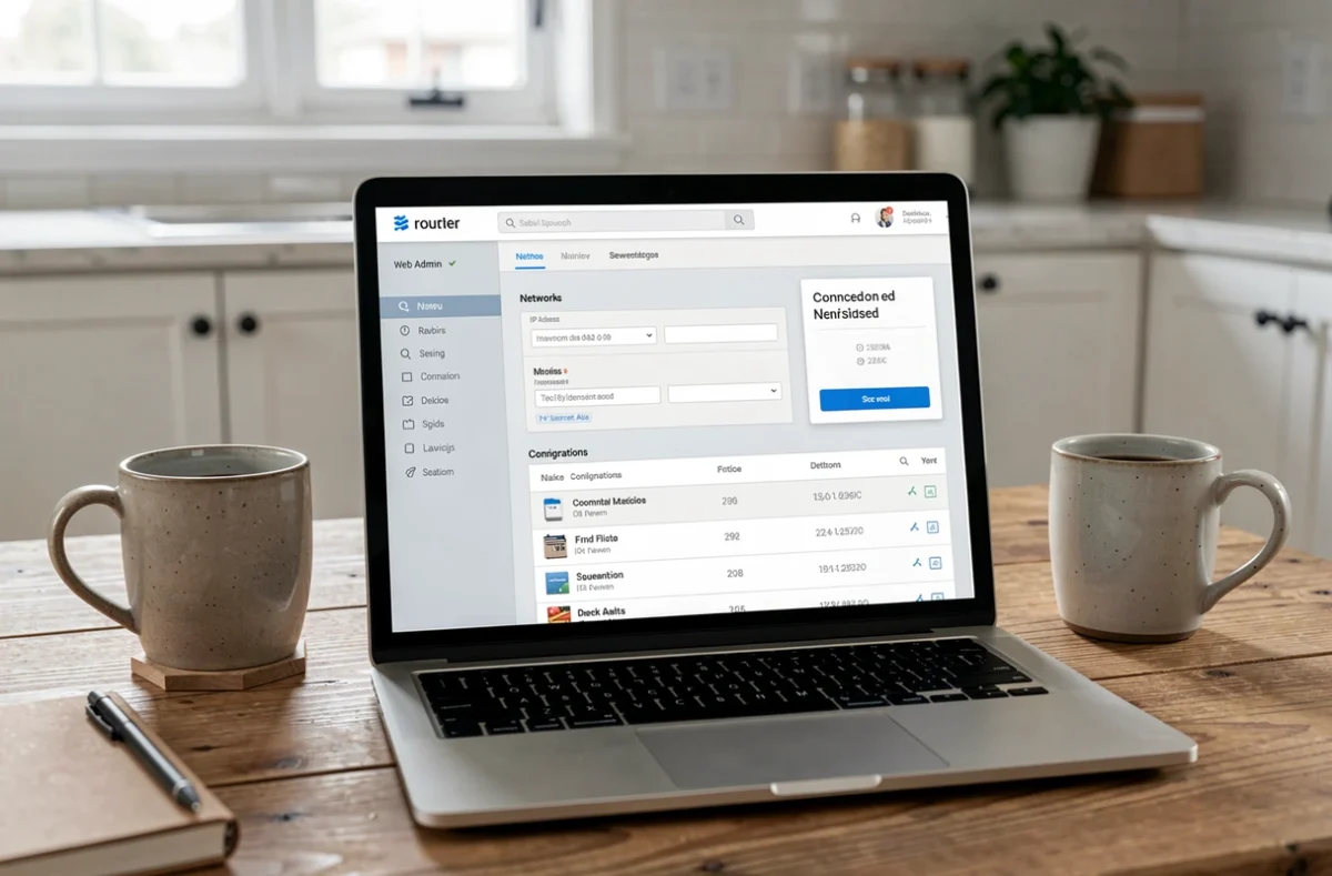 Interface d'administration d'un routeur affichée sur un écran d'ordinateur portable avec les paramètres réseau et la liste des appareils connectés