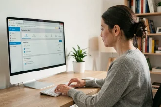 Femme utilisant l'interface Freebox OS sur un grand écran dans un bureau à domicile moderne
