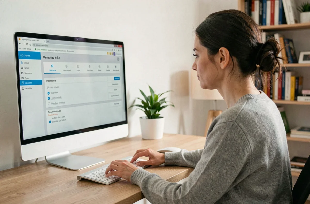 Femme utilisant l'interface Freebox OS sur un grand écran dans un bureau à domicile moderne