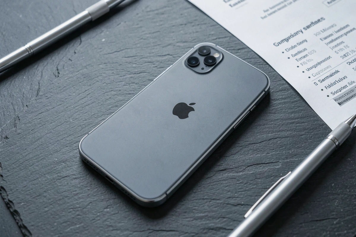 Gros plan sur le dos d'un iPhone SE avec module caméra et fiche technique imprimée sur bureau ardoise