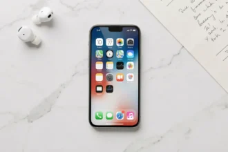 iPhone SE nouvelle génération posé sur marbre blanc avec interface iOS visible et accessoires Apple