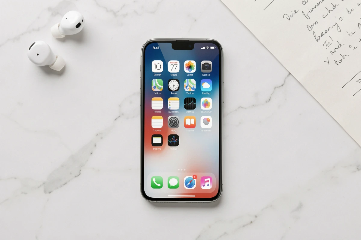 iPhone SE nouvelle génération posé sur marbre blanc avec interface iOS visible et accessoires Apple