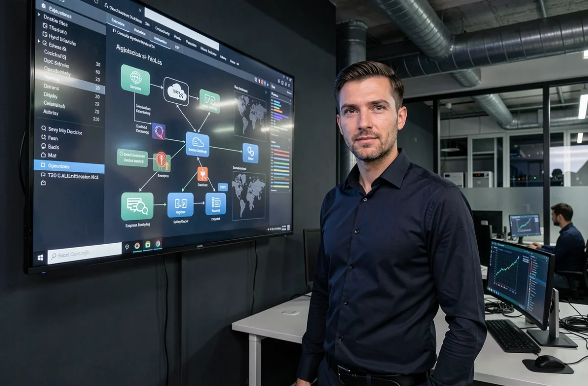 Ingénieur sécurité d'ITrust devant un tableau de bord de sécurité cloud hybride dans un centre opérationnel cybersécurité parisien