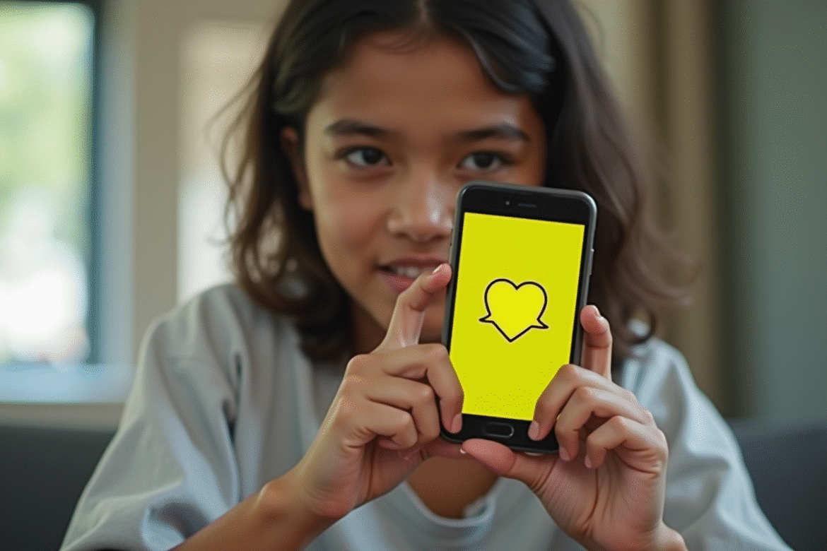 Jeune tenant un smartphone avec Snapchat et emoji cœur jaune