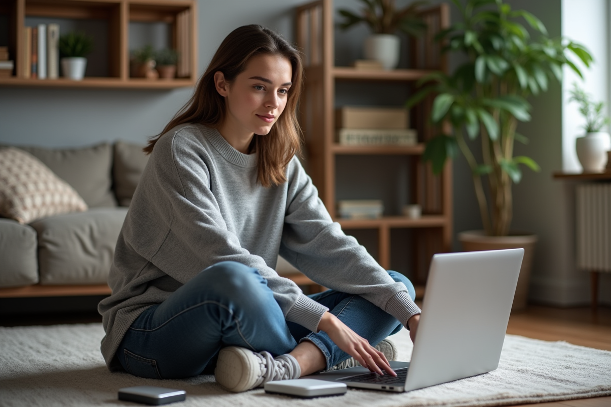 Femme connectant un disque dur externe à son ordinateur portable