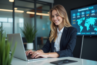 Jeune femme professionnelle souriante au bureau avec AI et technologie