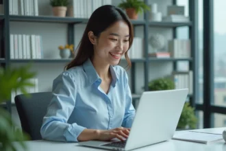 Jeune femme professionnelle travaillant sur son ordinateur dans un bureau moderne