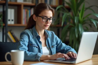 Jeune femme en denim travaillant sur un ordinateur dans un bureau