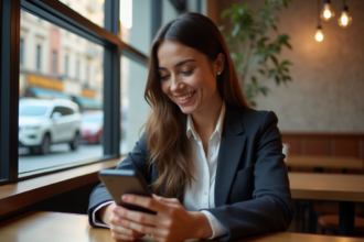 Jeune femme professionnelle utilisant son smartphone dans un café moderne