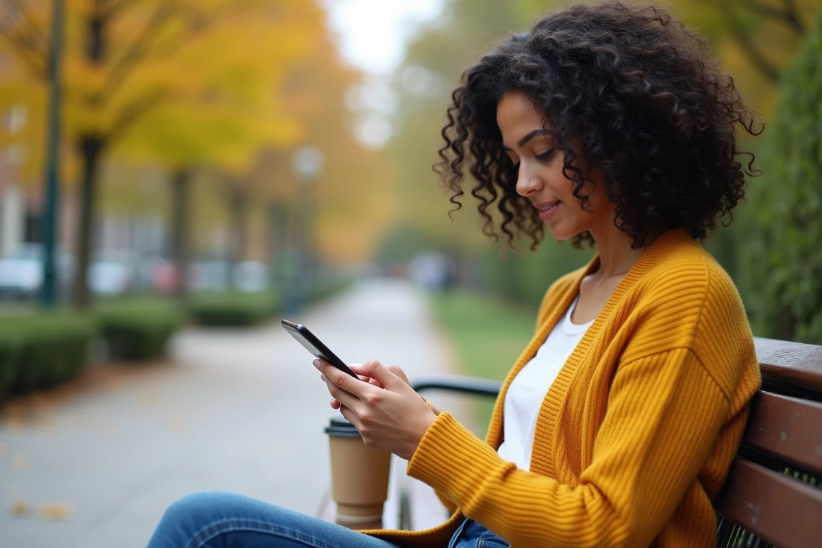 Jeune femme gérant son espace Mon compte Réglo Mobile en extérieur dans un parc urbain