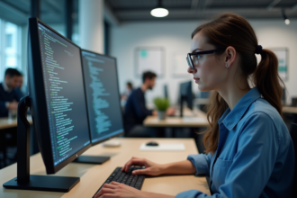 Jeune femme IT en bureau moderne travaillant sur code