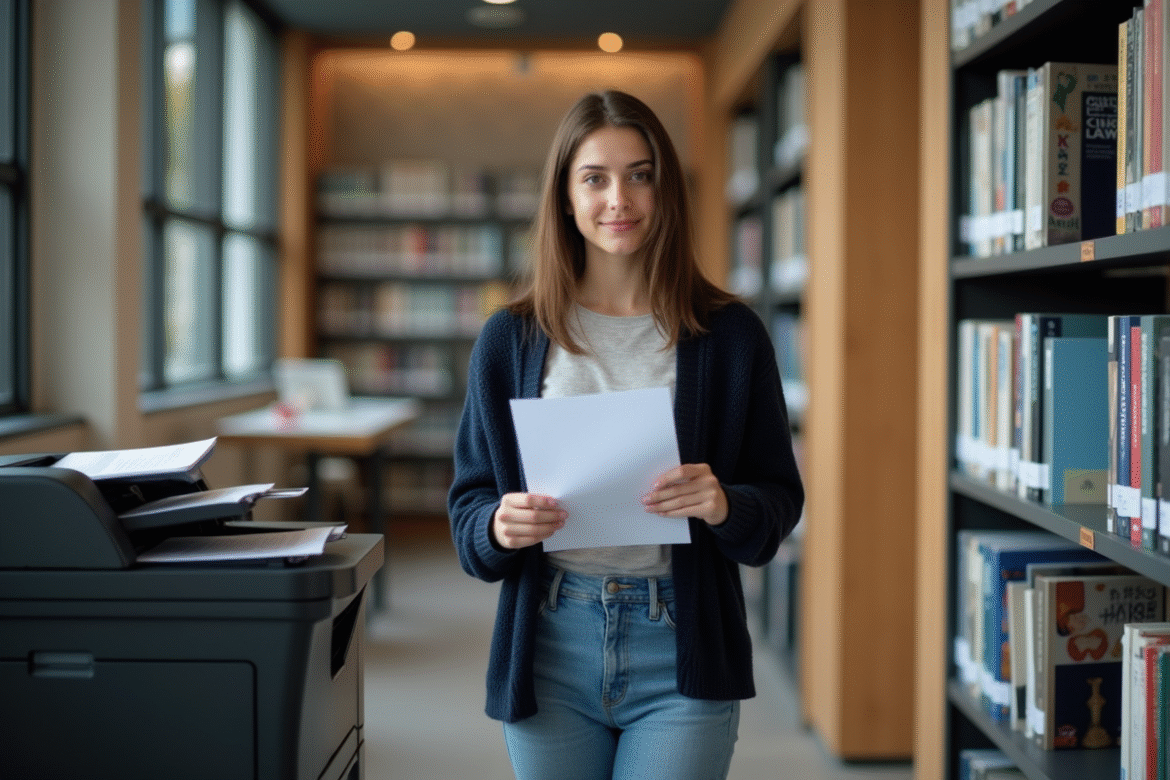Jeune femme en bibliothèque collecte des documents imprimés