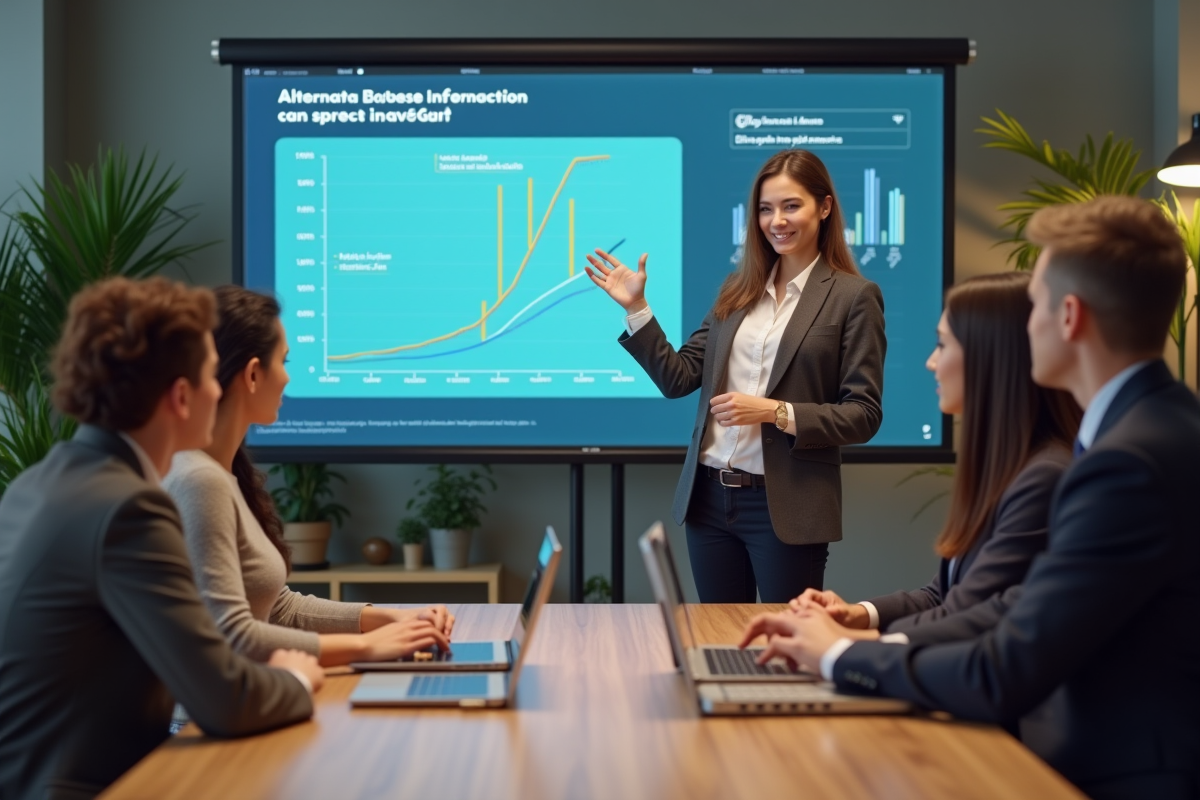 Jeune femme en coworking présentant un graphique numérique à ses collègues