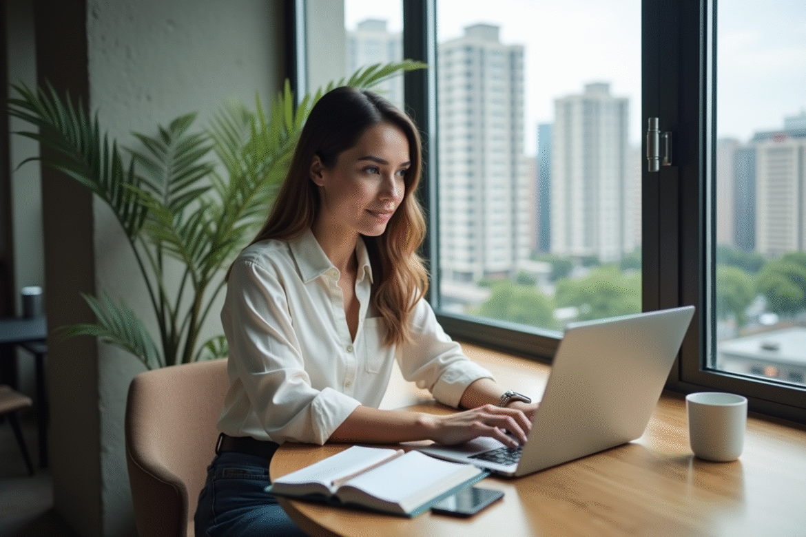 Jeune femme professionnelle travaillant sur un laptop dans un espace coworking
