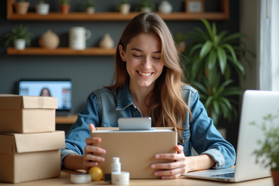 Jeune femme déballant un gadget électronique dans un bureau moderne